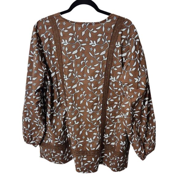 Lands' End Cotton Long Sleeve Split Neck Tunic Top‎ Women's 1X 16-18 Brown Lace - Picture 6 of 8